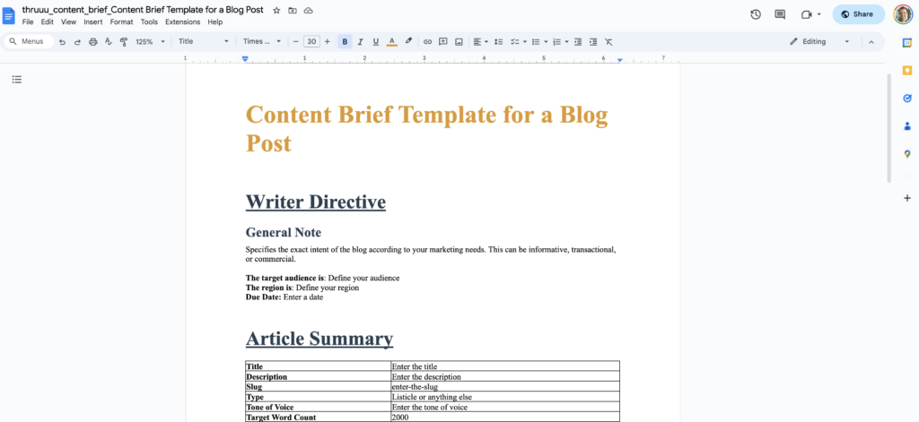 Download the Google Doc Version of the Content Brief Templates for Blog Post
