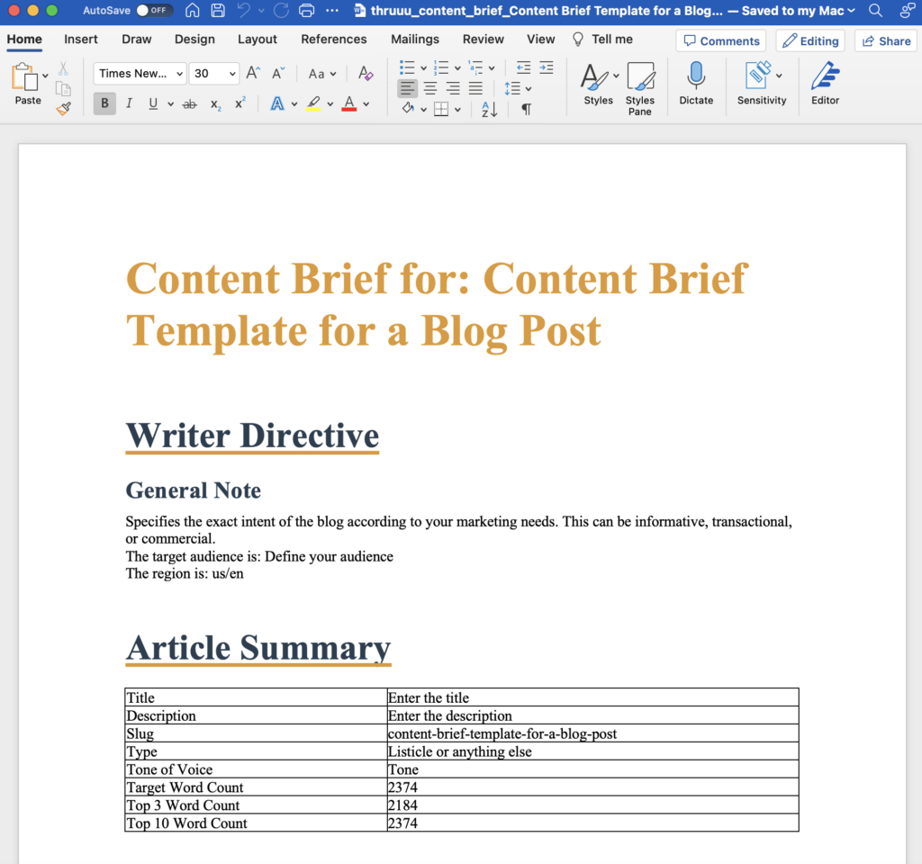 Download the MS Word .Docx Version of the Content Brief Templates for Blog Post