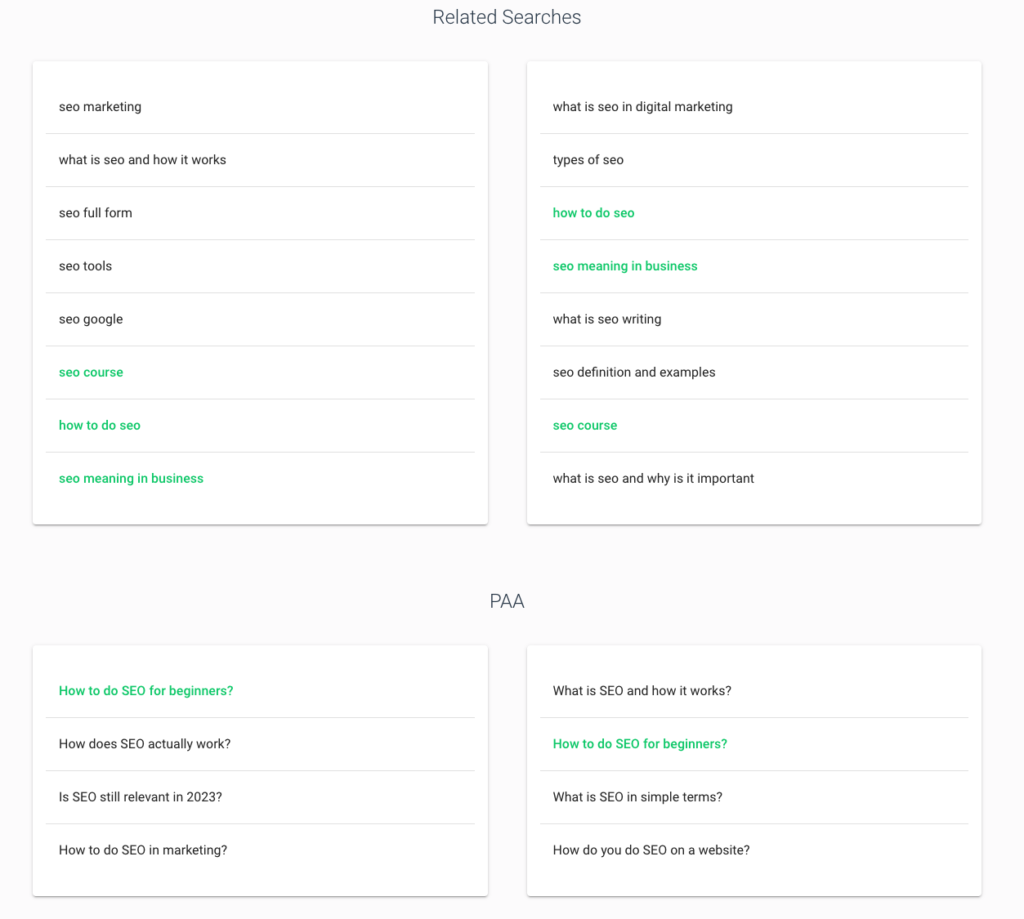 Compare PAA and Related Searches Between Two SERPs