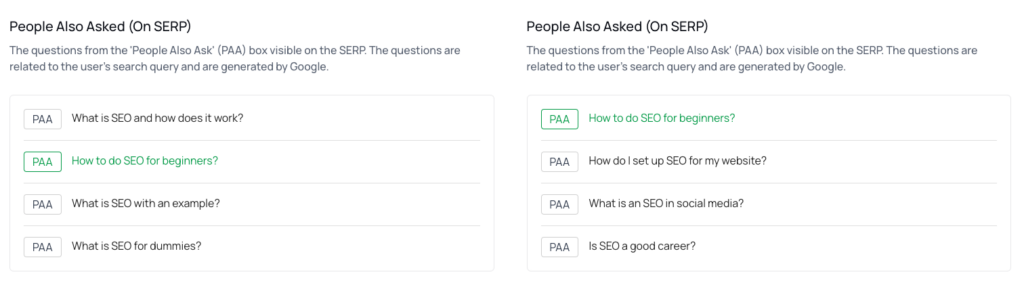 Compare PAA and Related Searches Between Two SERPs