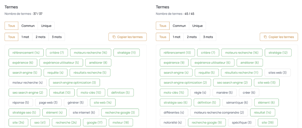 Identifier et comparer les termes fréquents pour deux SERP Google