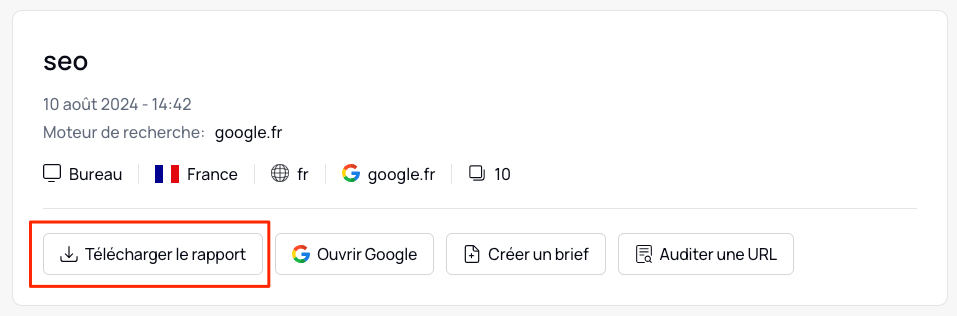 Télécharger - Cliquez sur le bouton pour obtenir toutes les informations des SERP Google dans un fichier Excel.