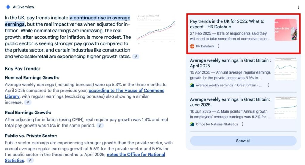 AI Overview result for "pay trends uk" showing HR Datahub as the top source.
