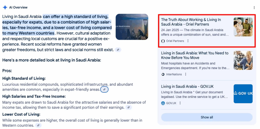 AI Overview result for "living in saudi arabia" showing Oriel Partners as the top source.
