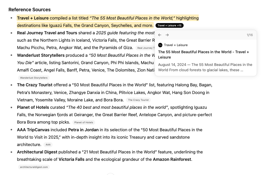 Travel + Leisure cited as the top source in ChatGPT for the query "what is the most beautiful places to visit in the world."
