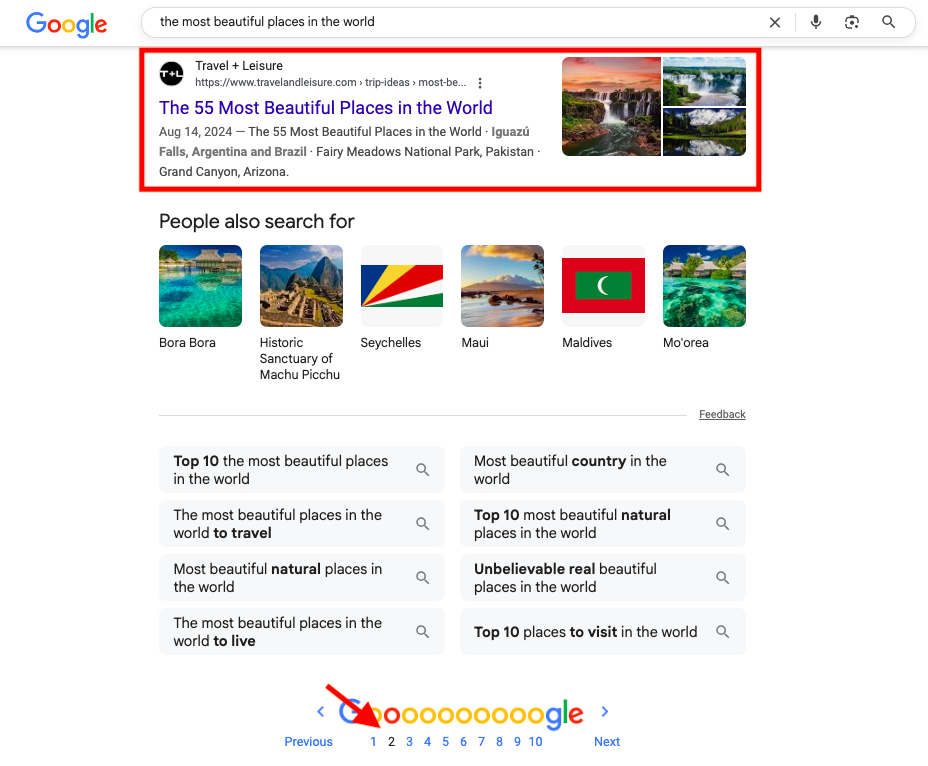 The second page of Google for the keyword "the most beautiful places in the world", showing a Travel + Leisure article at the bottom.
