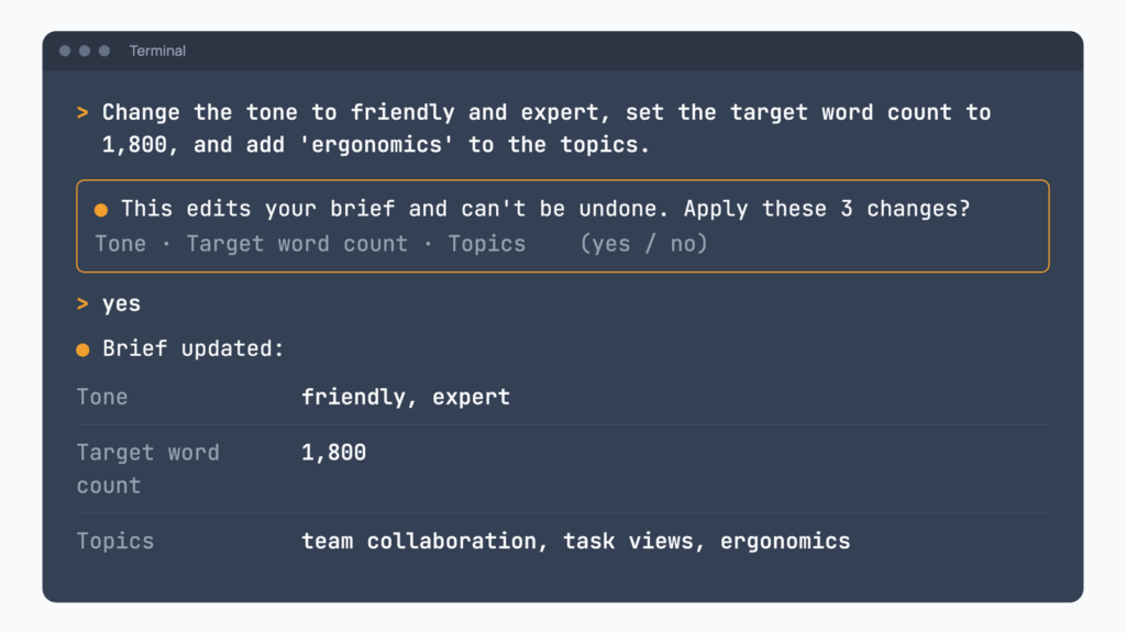 An AI assistant in a terminal asking for confirmation before editing a brief's tone, target word count and topics, then showing the updated brief