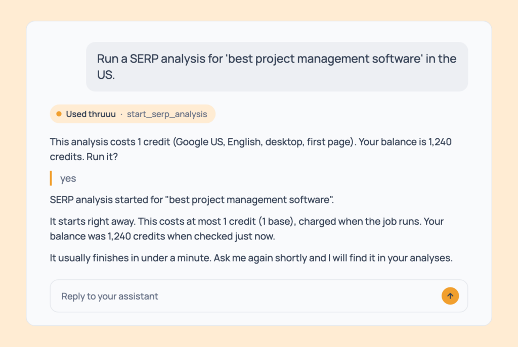 Prompt 1: Run a SERP analysis, shown in an AI assistant with the thruuu output