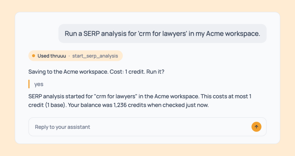 Prompt 5: Save an analysis to a client workspace, shown in an AI assistant with the thruuu output