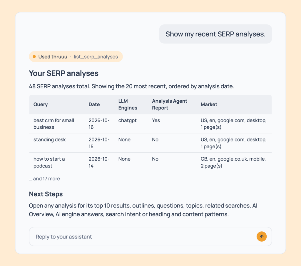 Prompt 6: List your recent analyses, shown in an AI assistant with the thruuu output