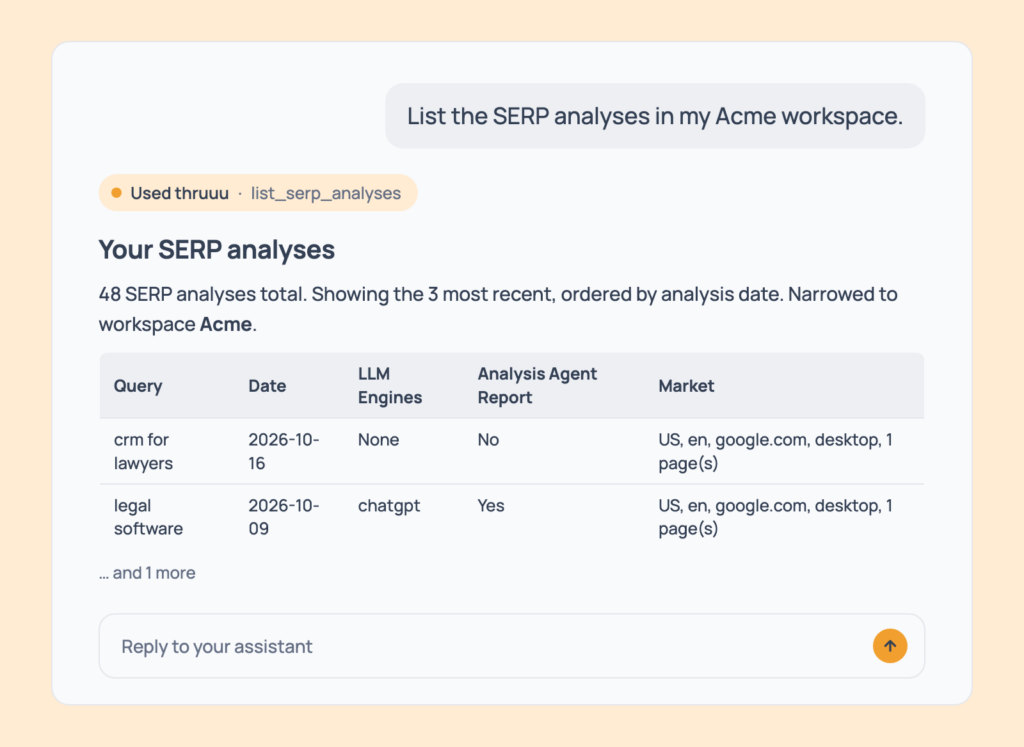 Prompt 8: List one client's analyses, shown in an AI assistant with the thruuu output