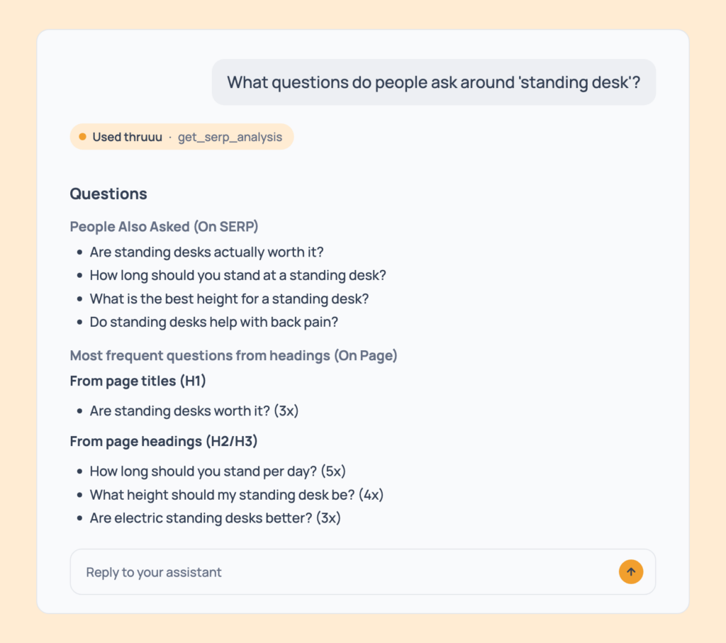 Prompt 11: Find the questions people ask, shown in an AI assistant with the thruuu output