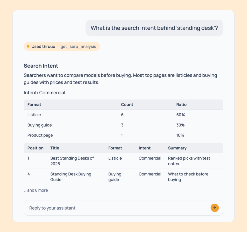 Prompt 14: Read the search intent, shown in an AI assistant with the thruuu output