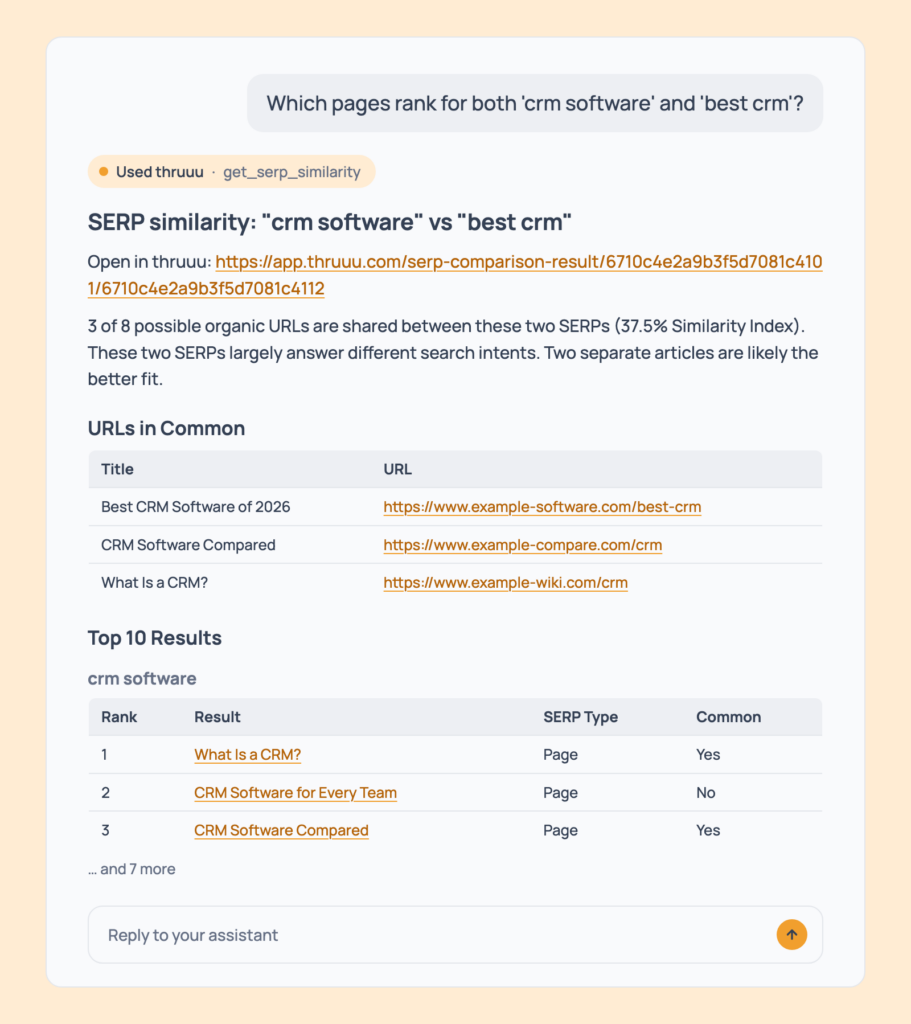 Prompt 17: Find the pages that rank for both keywords, shown in an AI assistant with the thruuu output