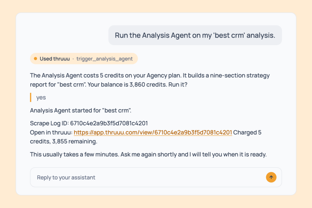 Prompt 18: Run the Analysis Agent, shown in an AI assistant with the thruuu output