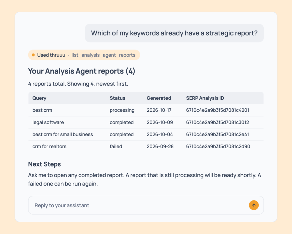 Prompt 19: List your strategic reports, shown in an AI assistant with the thruuu output