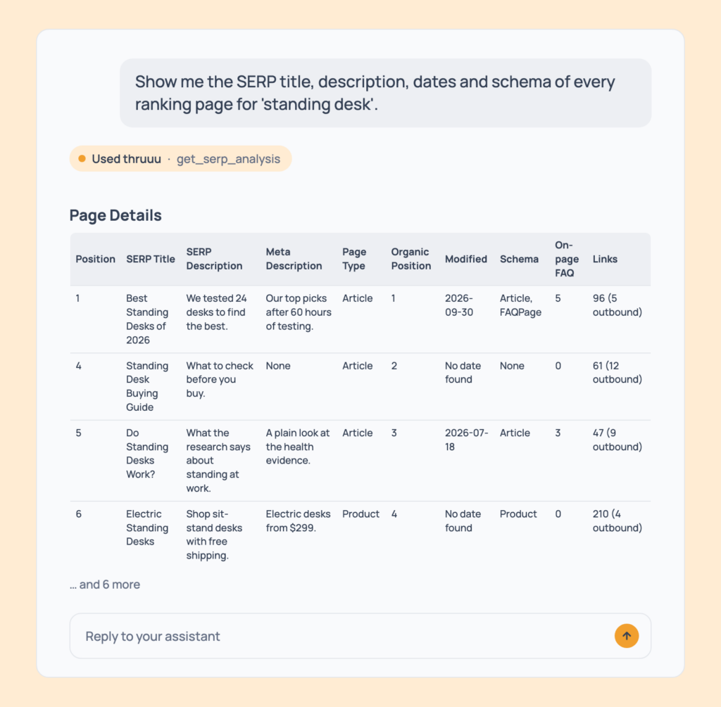 Prompt 26: Get every page's title, description, dates and schema, shown in an AI assistant with the thruuu output