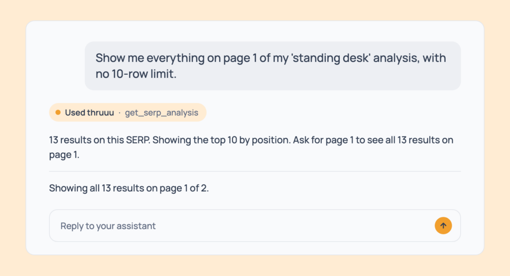 Prompt 27: See every row of a results page, shown in an AI assistant with the thruuu output