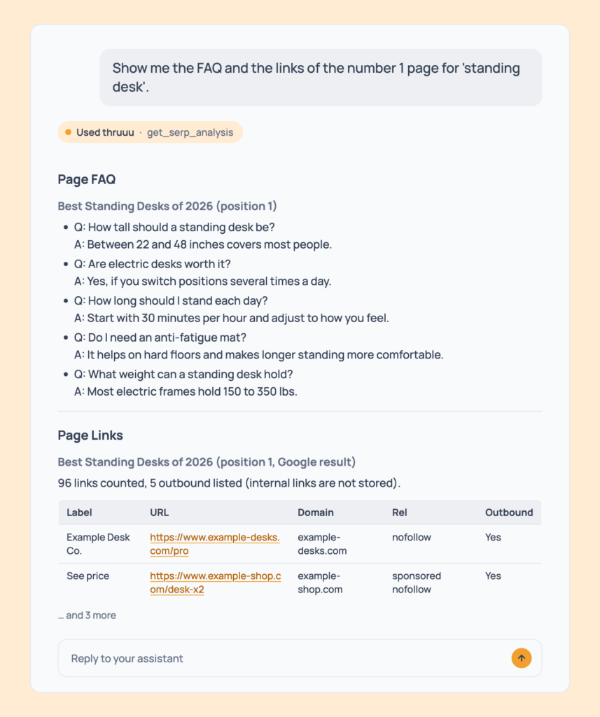 Prompt 29: Read a page's FAQ and outbound links, shown in an AI assistant with the thruuu output