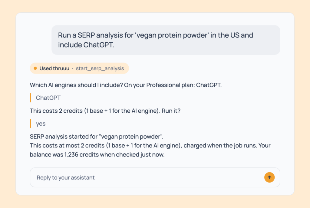Prompt 30: Add ChatGPT to a SERP analysis, shown in an AI assistant with the thruuu output
