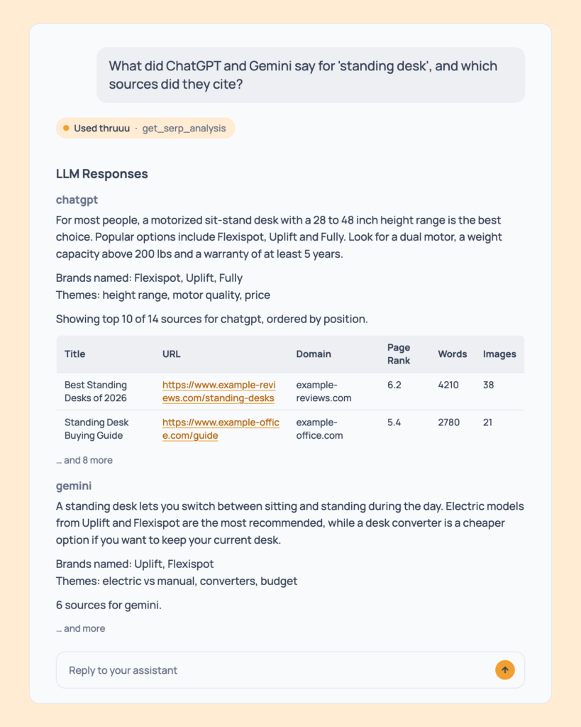 Prompt 32: Read what ChatGPT and Gemini answered, shown in an AI assistant with the thruuu output