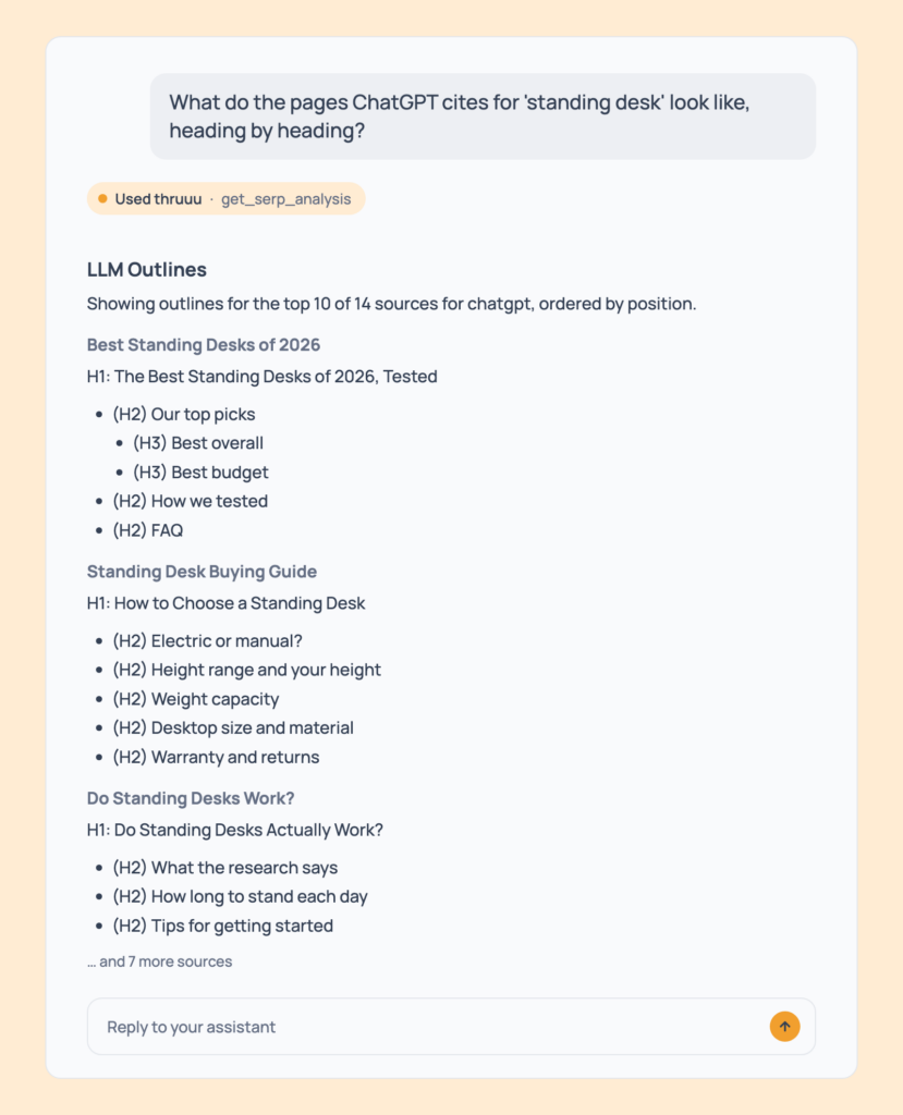 Prompt 34: See the outlines of the pages AI engines cite, shown in an AI assistant with the thruuu output