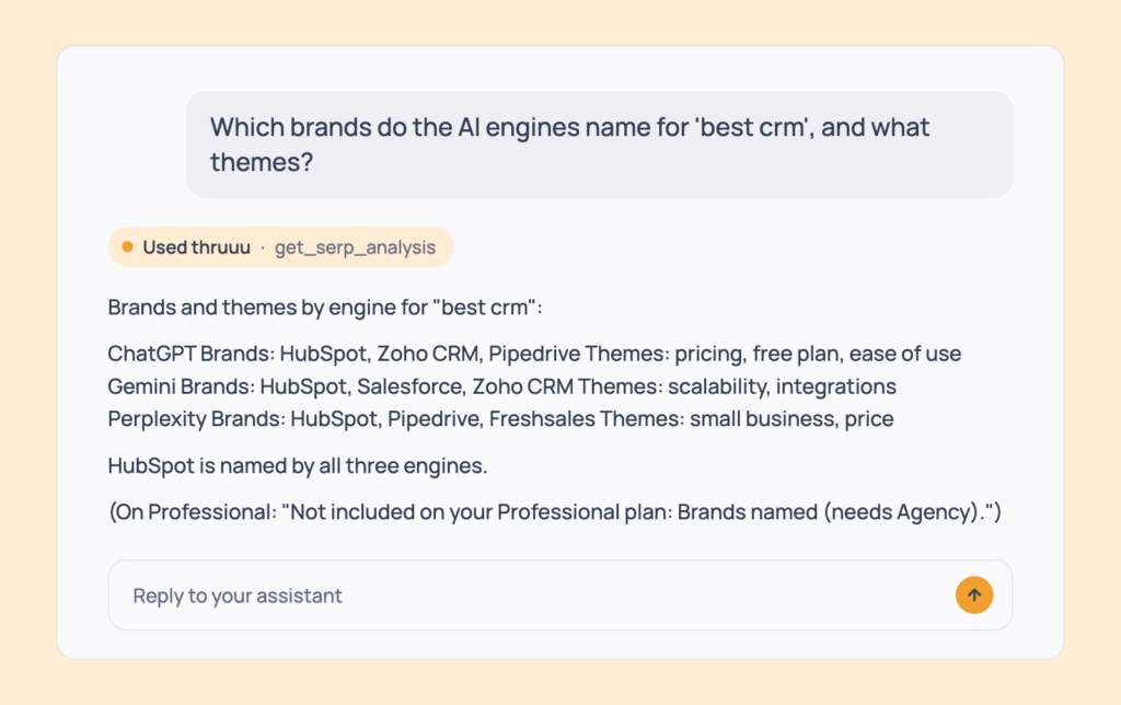 Prompt 35: Find the brands the AI engines name, shown in an AI assistant with the thruuu output