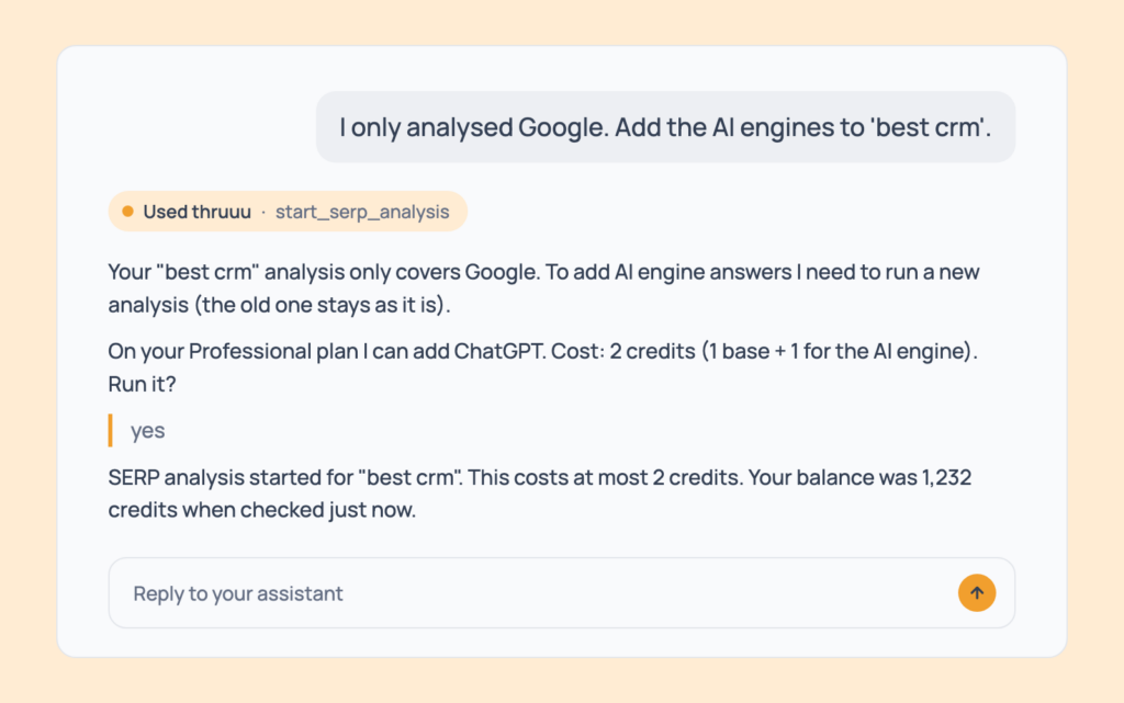 Prompt 37: Add AI engines to a keyword you analysed, shown in an AI assistant with the thruuu output