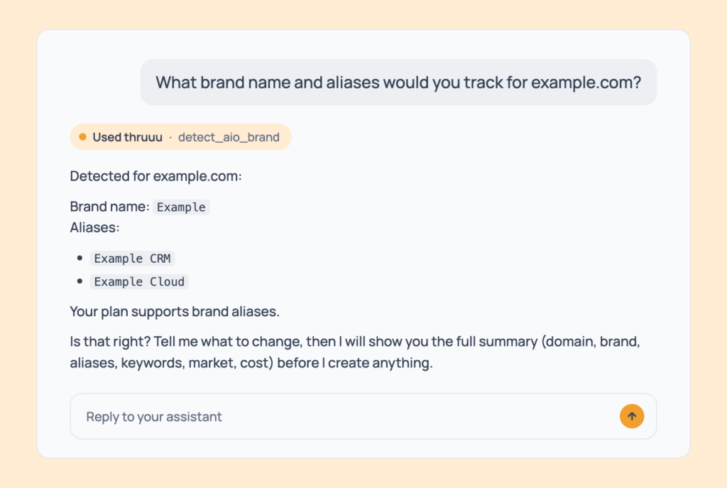 Prompt 38: Detect your brand name and aliases, shown in an AI assistant with the thruuu output