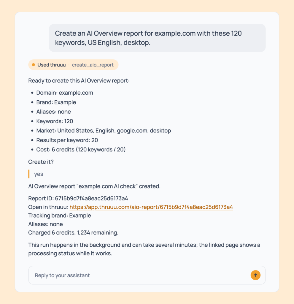 Prompt 39: Create an AI Overview report, shown in an AI assistant with the thruuu output