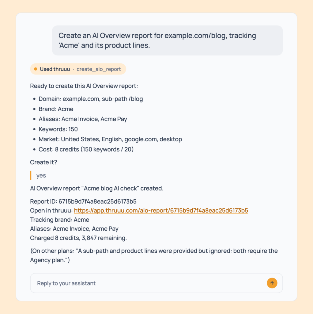 Prompt 40: Track one part of a site and several brand names, shown in an AI assistant with the thruuu output