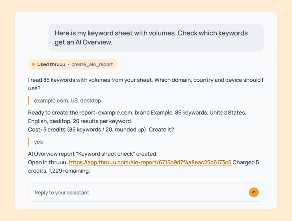 Prompt 41: Build a report from your own keyword sheet, shown in an AI assistant with the thruuu output