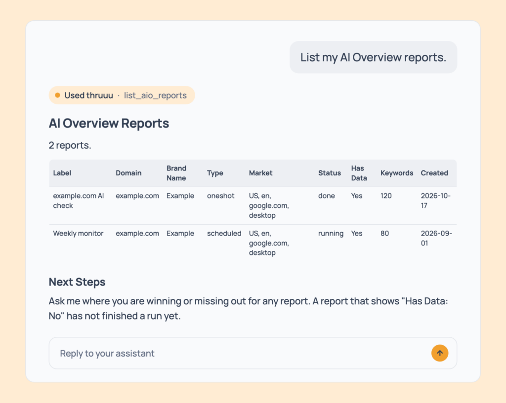 Prompt 42: List your AI Overview reports, shown in an AI assistant with the thruuu output