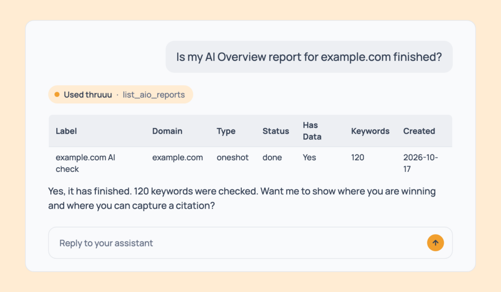 Prompt 43: Check whether a report has finished, shown in an AI assistant with the thruuu output