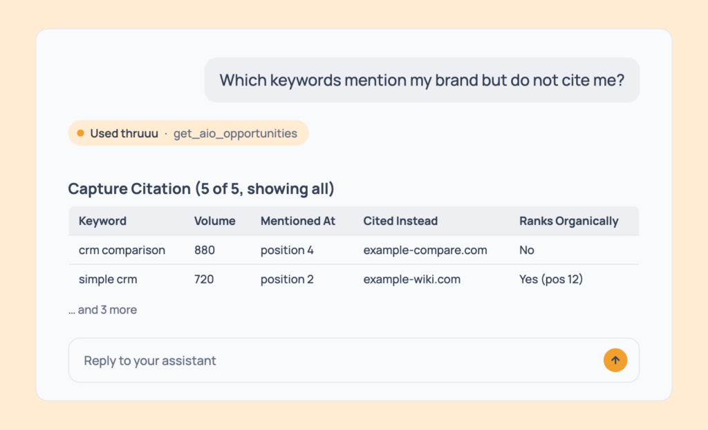 Prompt 47: Find mentions without a citation, shown in an AI assistant with the thruuu output