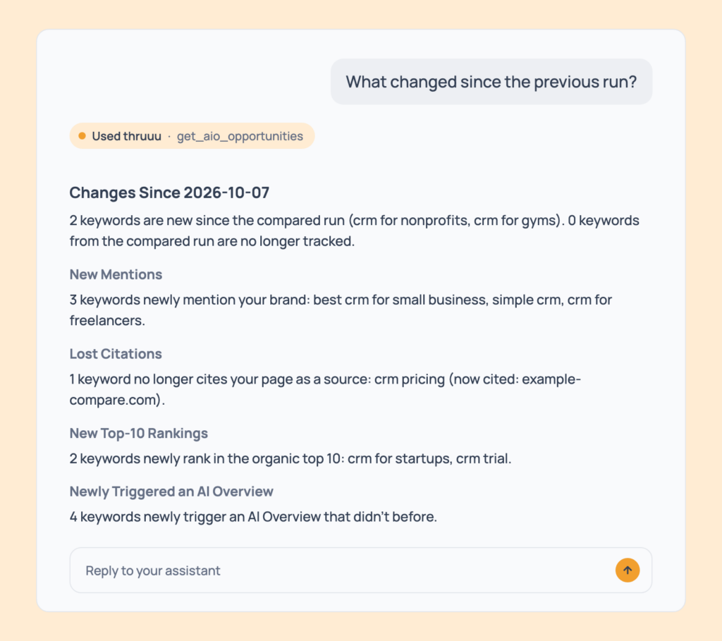 Prompt 50: See what changed since the last run, shown in an AI assistant with the thruuu output