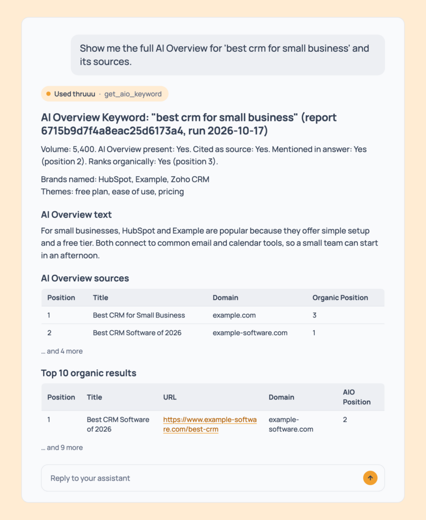 Prompt 52: Read one keyword's full AI Overview, shown in an AI assistant with the thruuu output