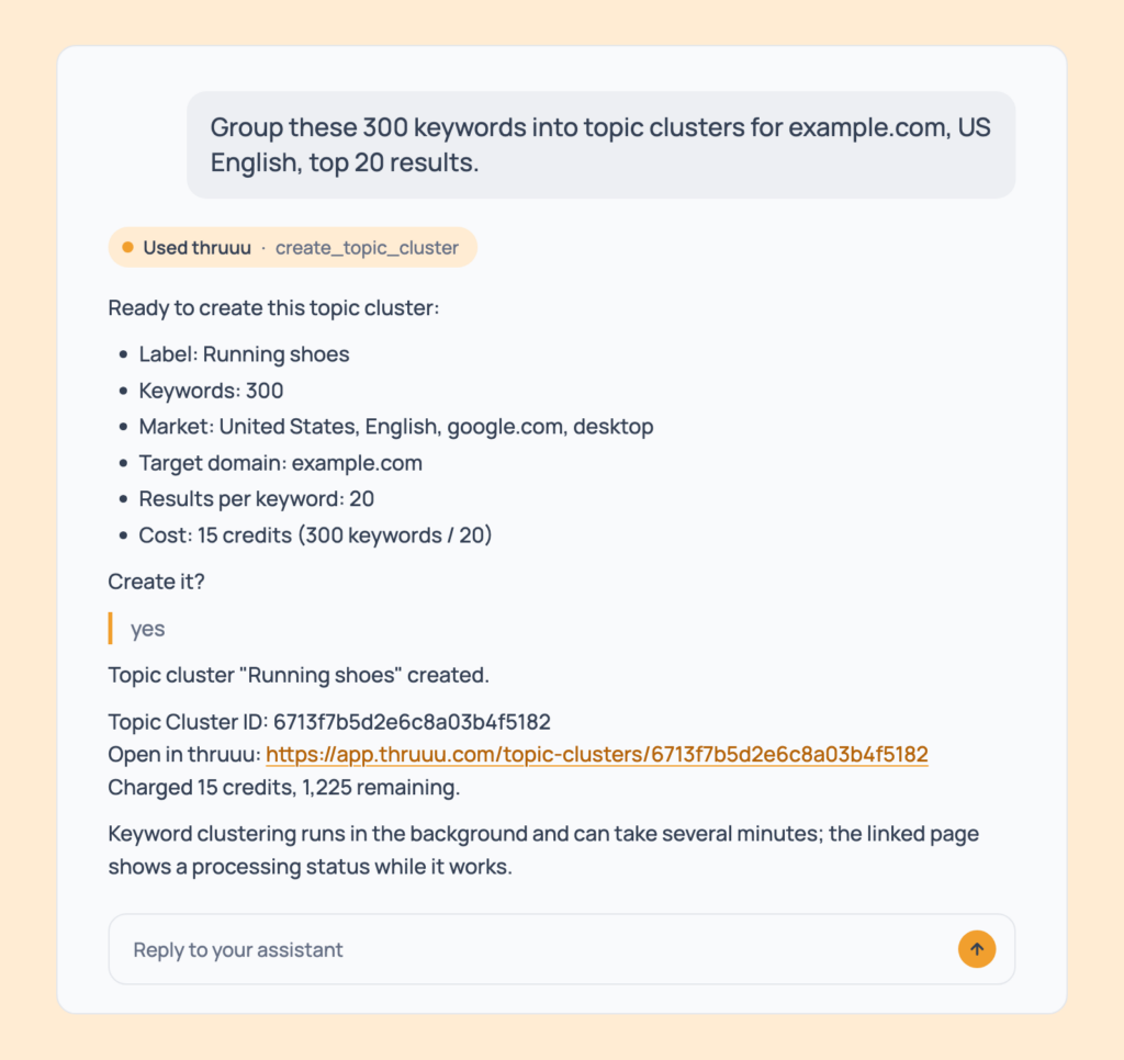 Prompt 54: Group keywords into topic clusters, shown in an AI assistant with the thruuu output