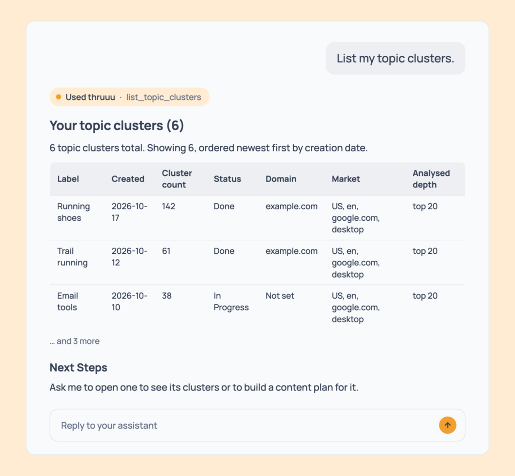 Prompt 58: List your topic clusters, shown in an AI assistant with the thruuu output
