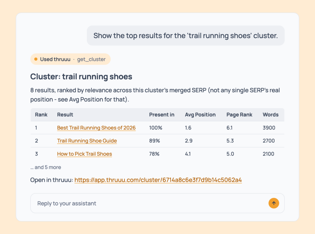 Prompt 70: See one cluster's top results, shown in an AI assistant with the thruuu output