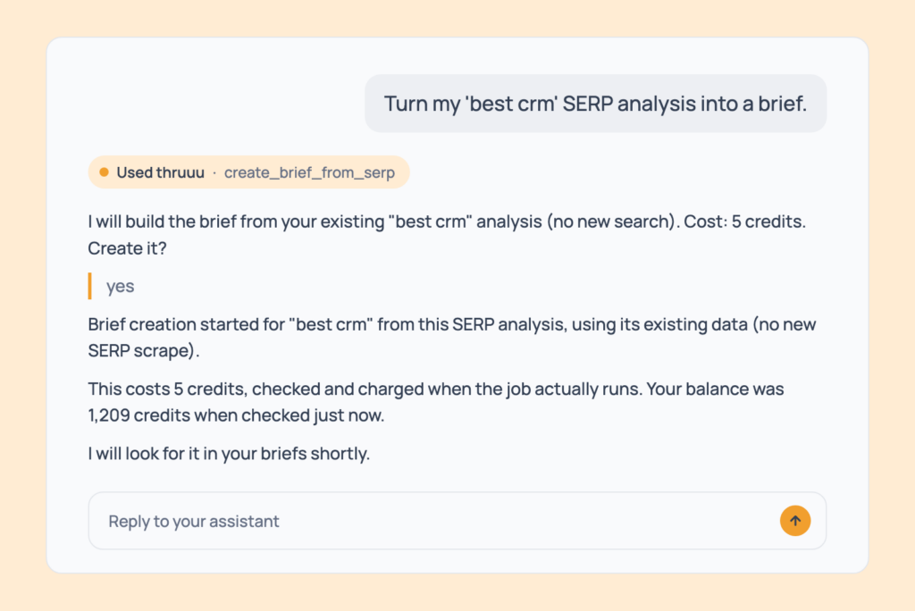 Prompt 81: Turn an analysis into a brief, shown in an AI assistant with the thruuu output