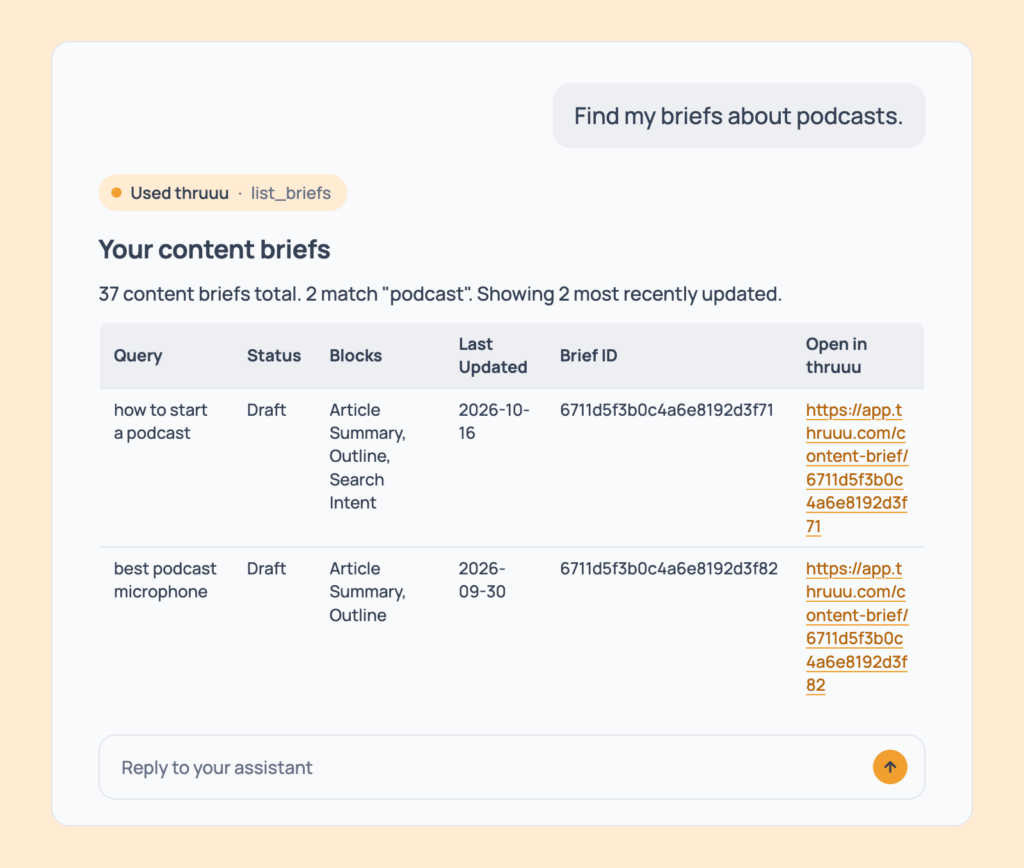 Prompt 84: Find a brief by topic, shown in an AI assistant with the thruuu output