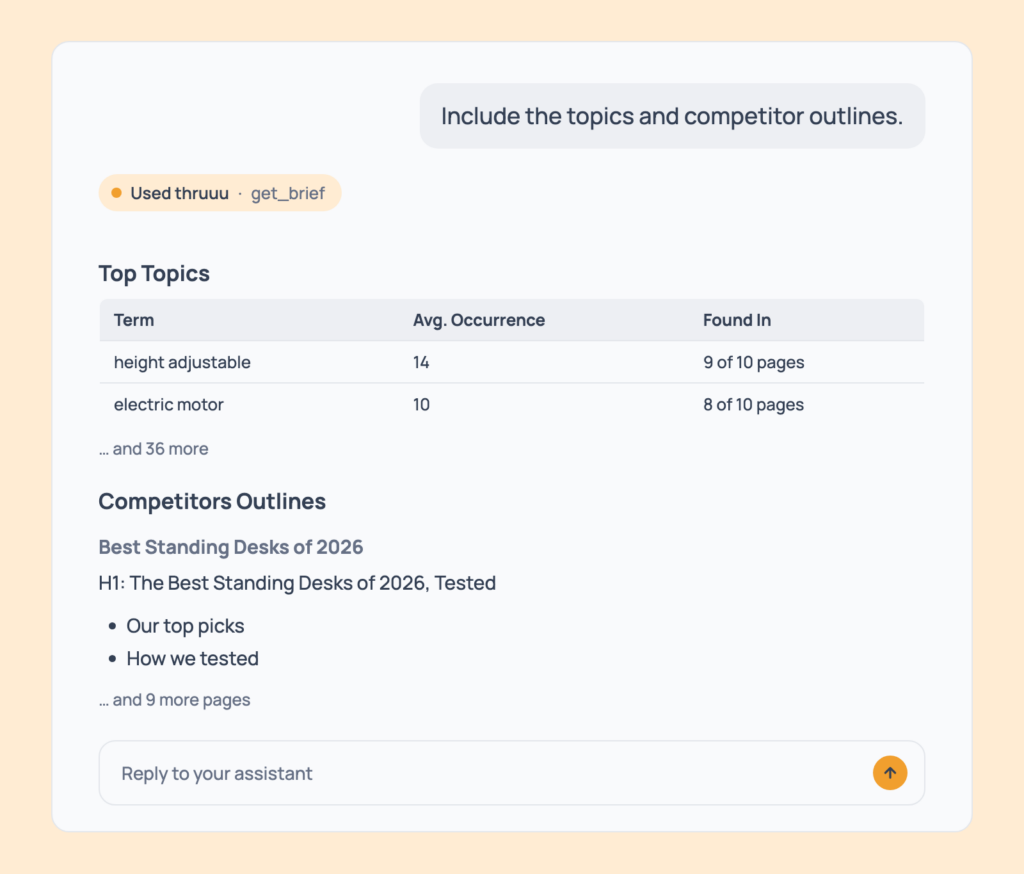 Prompt 87: Add the topics and competitor outlines, shown in an AI assistant with the thruuu output