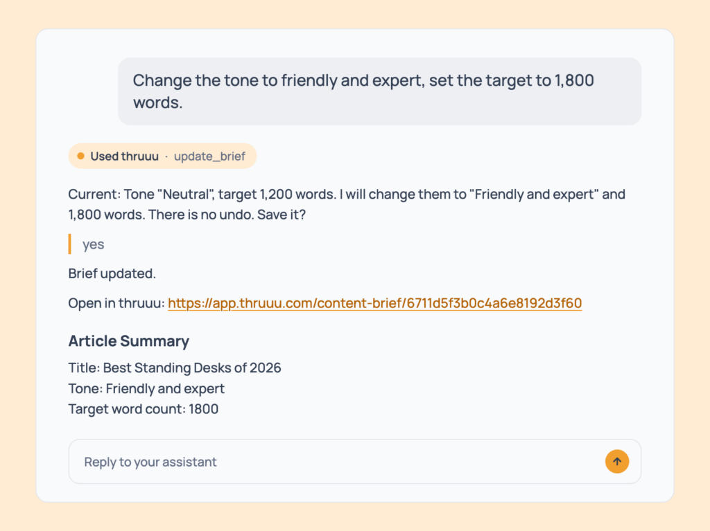 Prompt 89: Change the tone and word count, shown in an AI assistant with the thruuu output