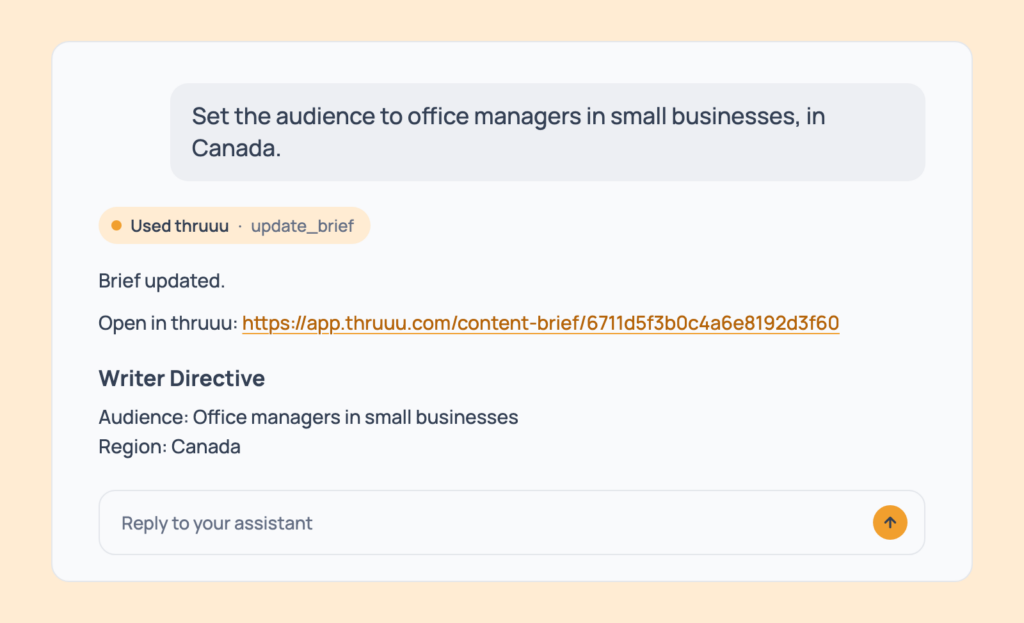 Prompt 90: Set the audience and region, shown in an AI assistant with the thruuu output