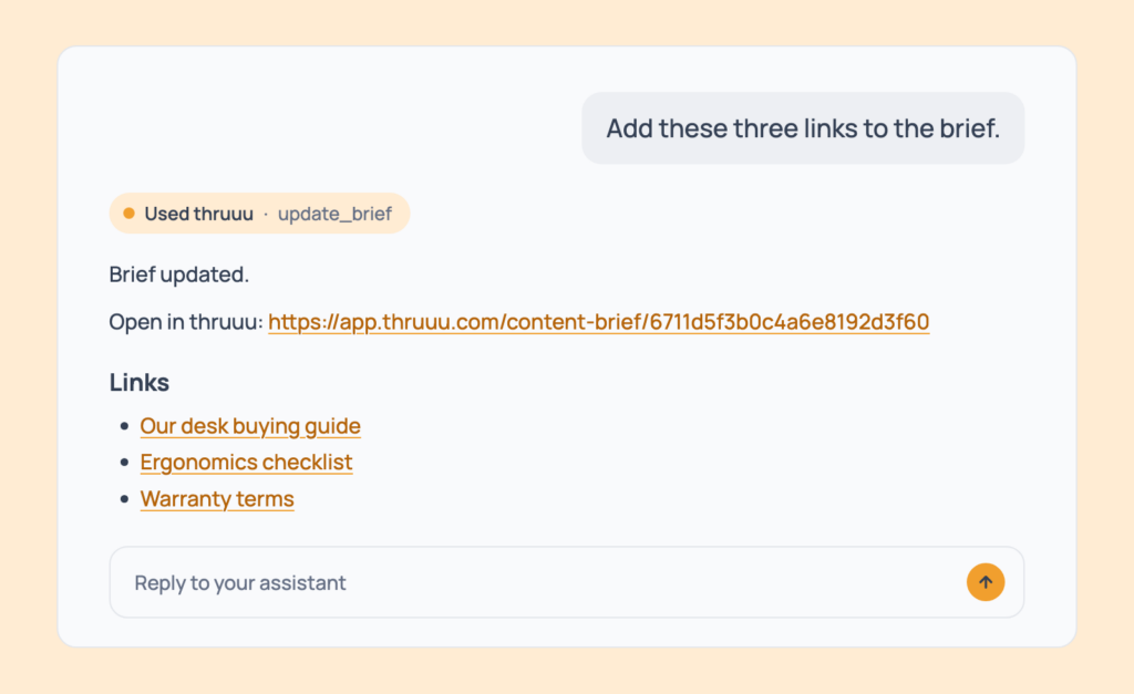 Prompt 91: Add links to the brief, shown in an AI assistant with the thruuu output