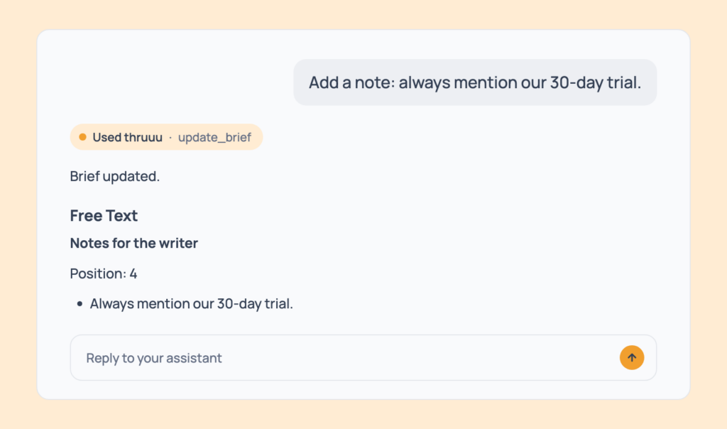 Prompt 92: Add a note for the writer, shown in an AI assistant with the thruuu output