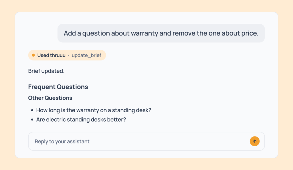 Prompt 95: Edit the frequent questions, shown in an AI assistant with the thruuu output