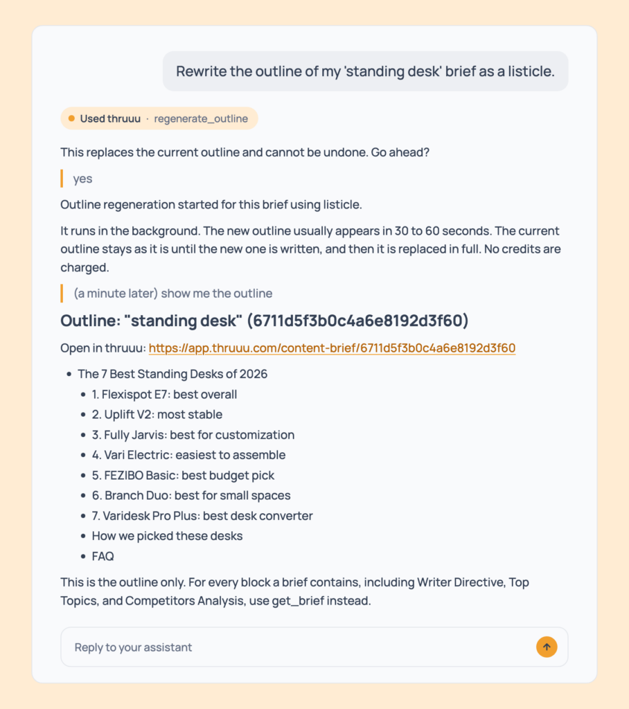 Prompt 97: Rewrite the outline in a style, shown in an AI assistant with the thruuu output