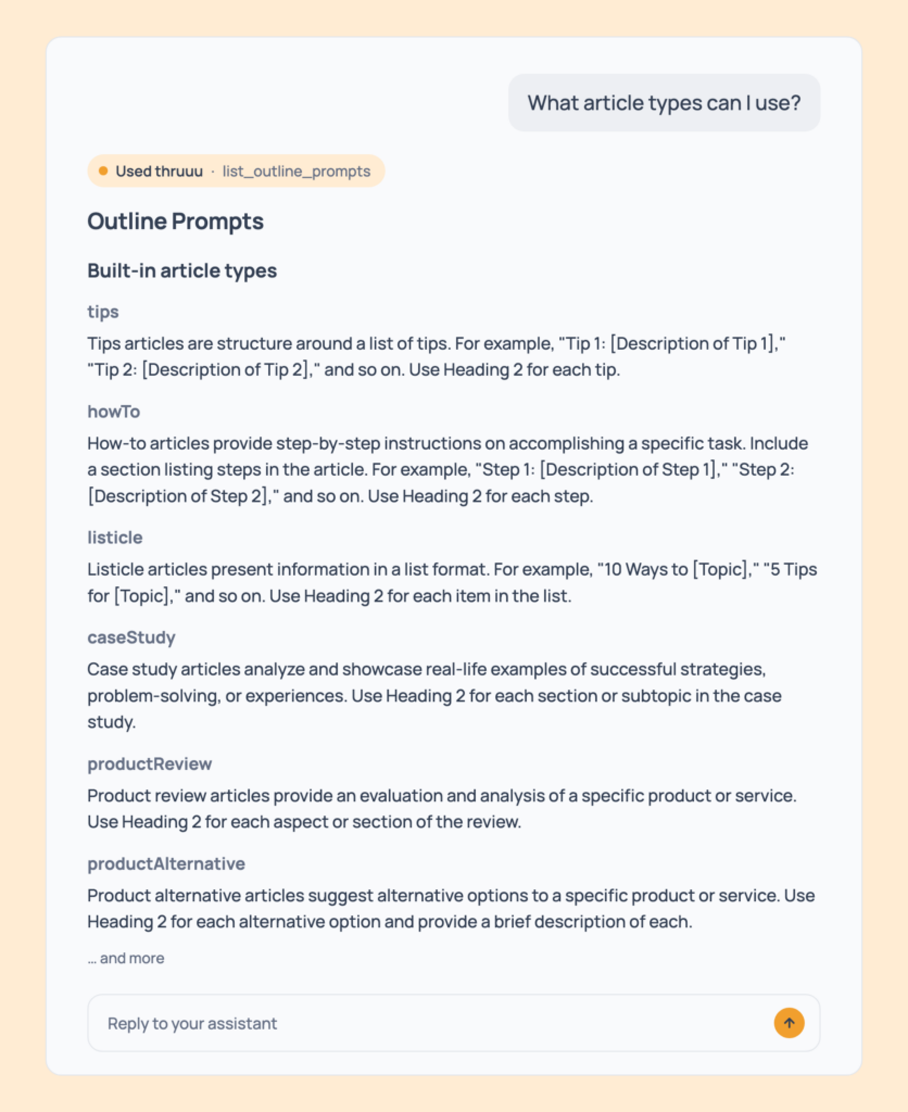 Prompt 98: List the article types, shown in an AI assistant with the thruuu output
